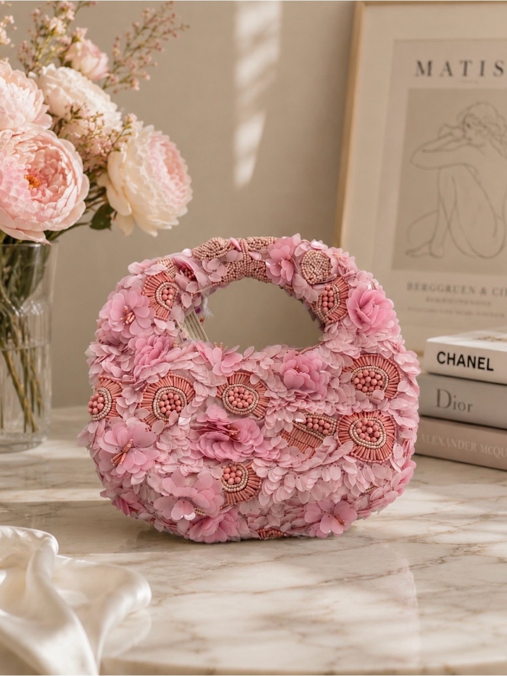 Viral Pink floral beaded sequin bag